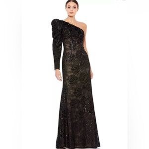New Mac Duggal Sequin Floral Lace One-Shoulder Sheath Gown In Black Sz 8 $698